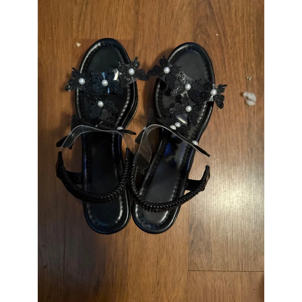 Womens Black Wedge Sandals Butterfly Embellished Pearl Detail Size‎ 41
